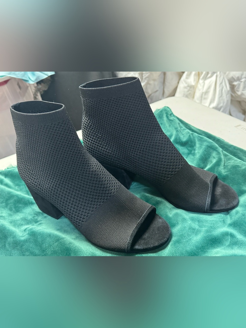 Eileen Fisher Croft Stretch Knit Open Toe Booties Womens 10 Black Ankle Boots